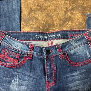 NWOT denim jeans, Cowgirl Tuff Never Give Up, Royal Red stitching